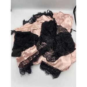 Satin‎ 4-piece Lingerie Set Pink w/Black Lace trim, Robe, Shorts, Panties & Bra